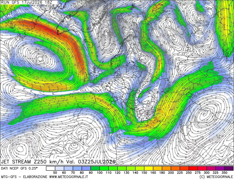 mappa 250 hPa Jet stream