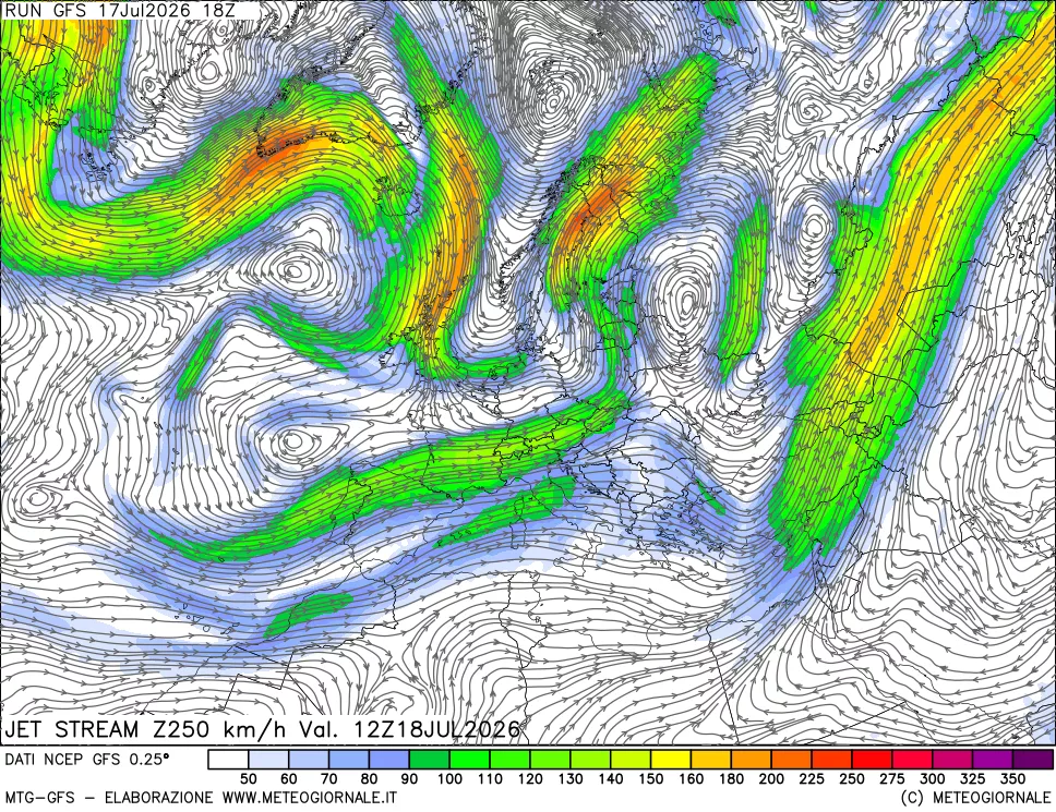 mappa 250 hPa Jet stream