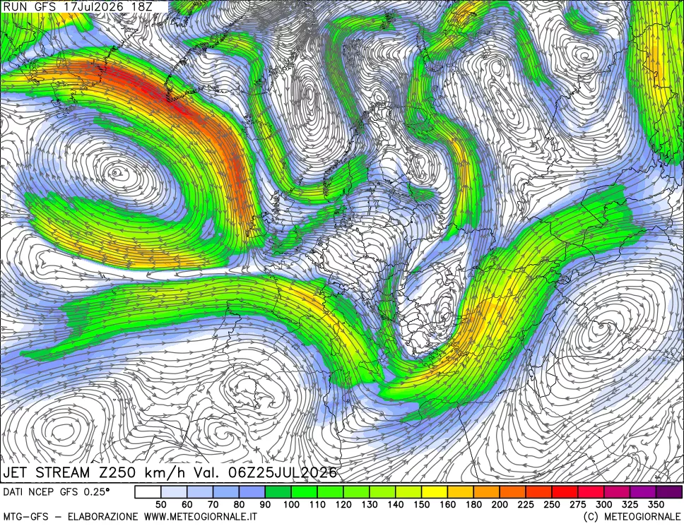 mappa 250 hPa Jet stream
