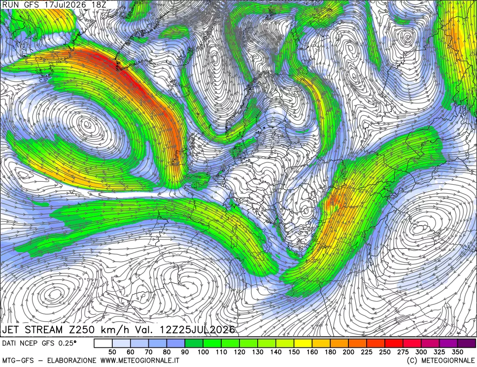 mappa 250 hPa Jet stream