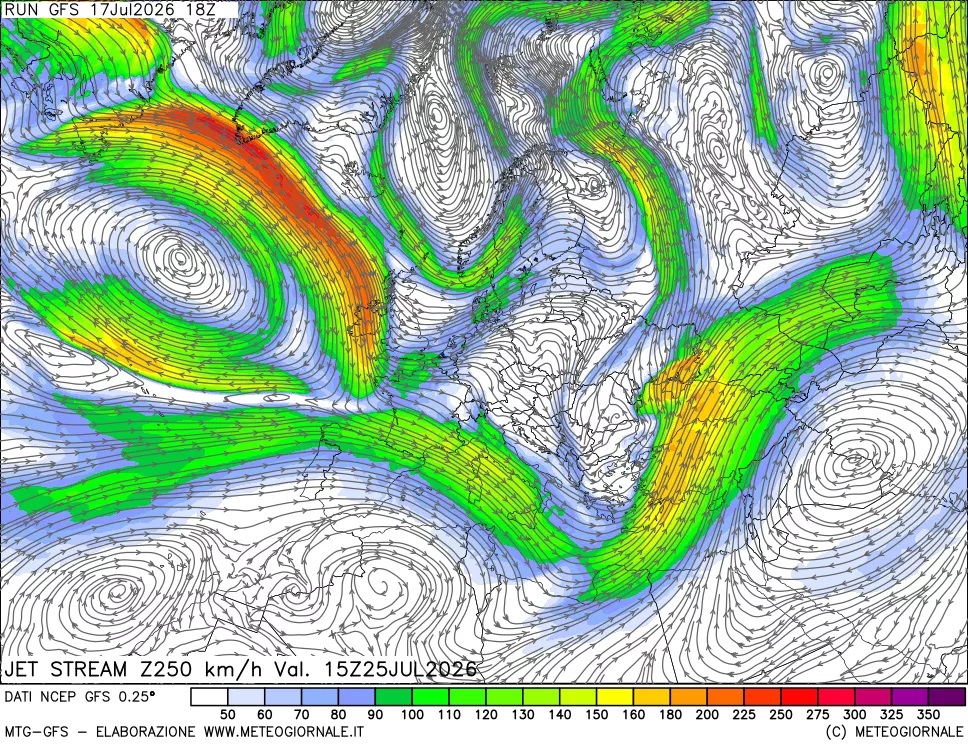 mappa 250 hPa Jet stream