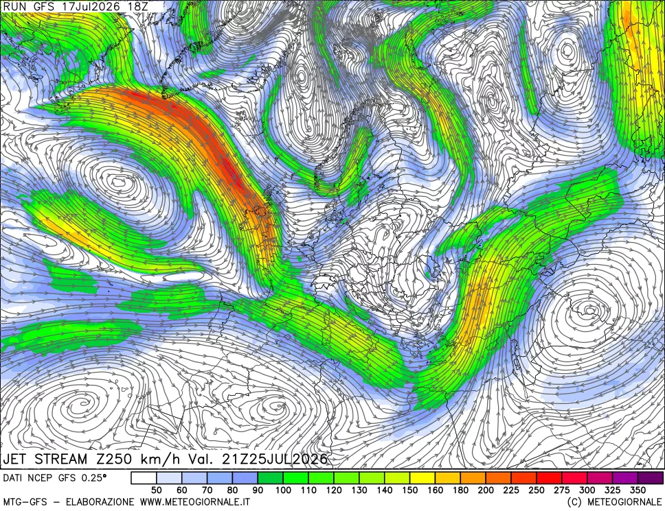mappa 250 hPa Jet stream