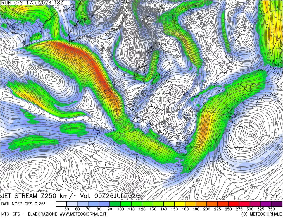 mappa 250 hPa Jet stream