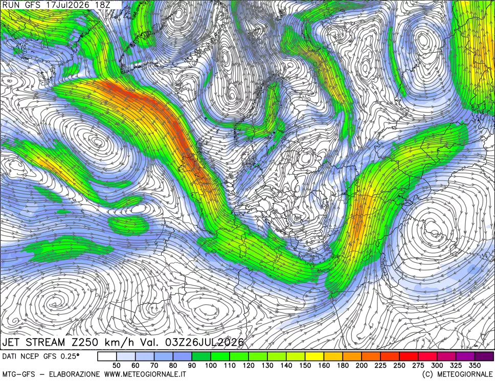 mappa 250 hPa Jet stream