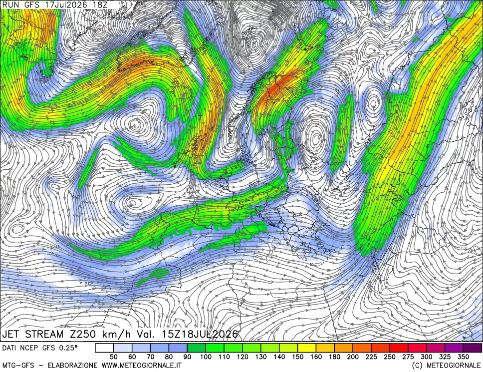 mappa 250 hPa Jet stream