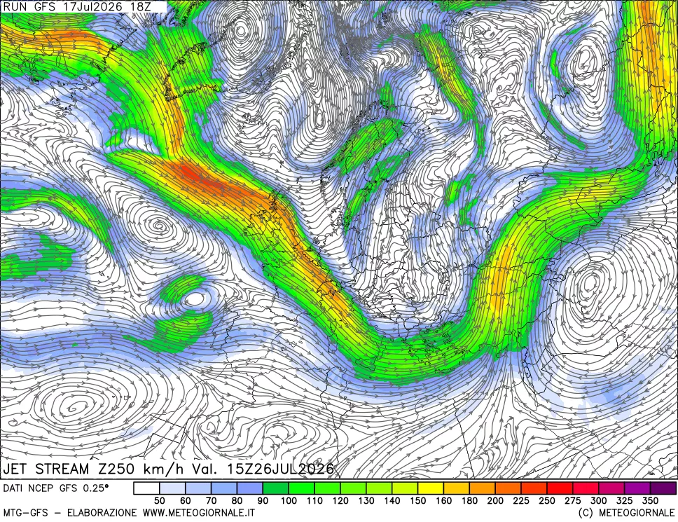 mappa 250 hPa Jet stream