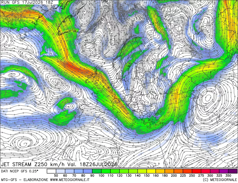 mappa 250 hPa Jet stream