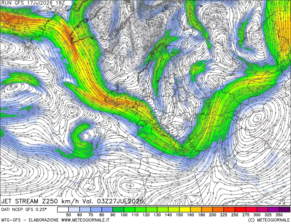 mappa 250 hPa Jet stream