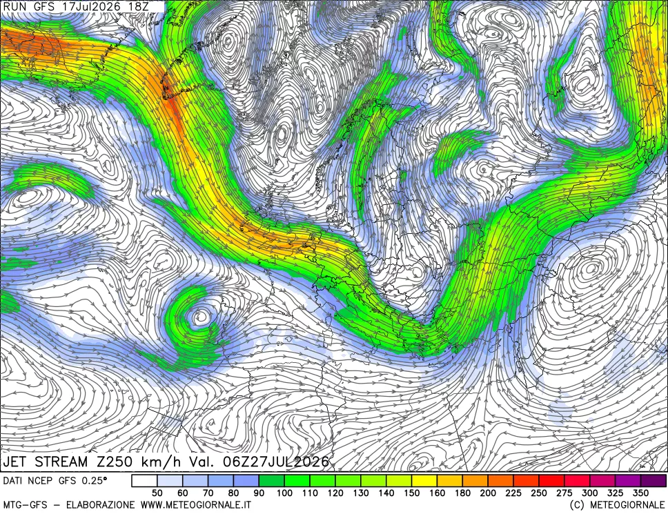 mappa 250 hPa Jet stream
