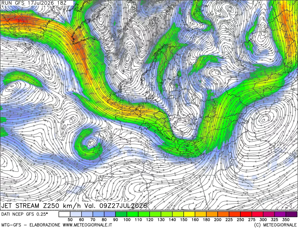 mappa 250 hPa Jet stream