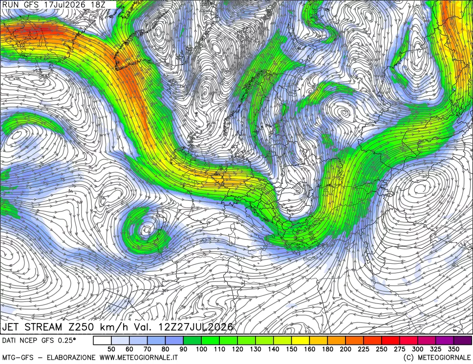 mappa 250 hPa Jet stream
