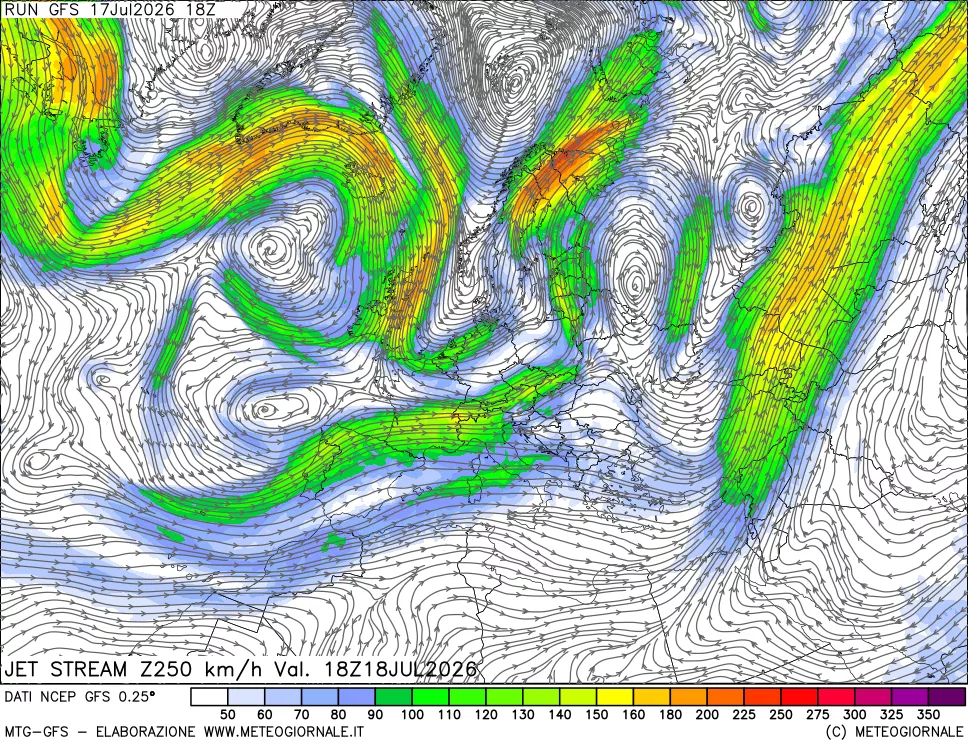 mappa 250 hPa Jet stream