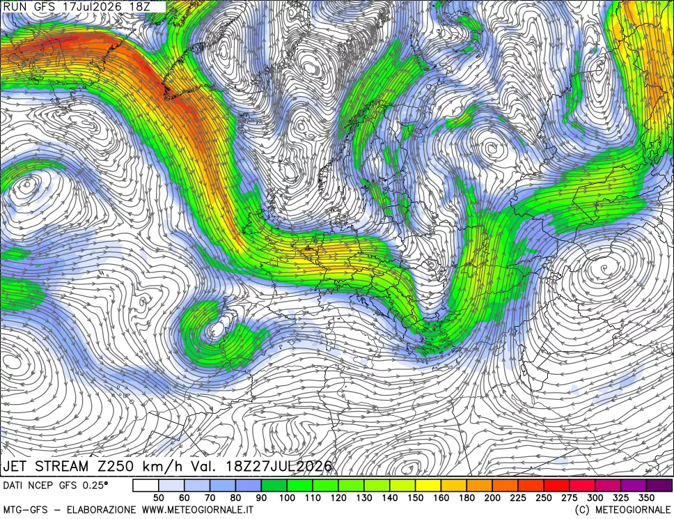mappa 250 hPa Jet stream