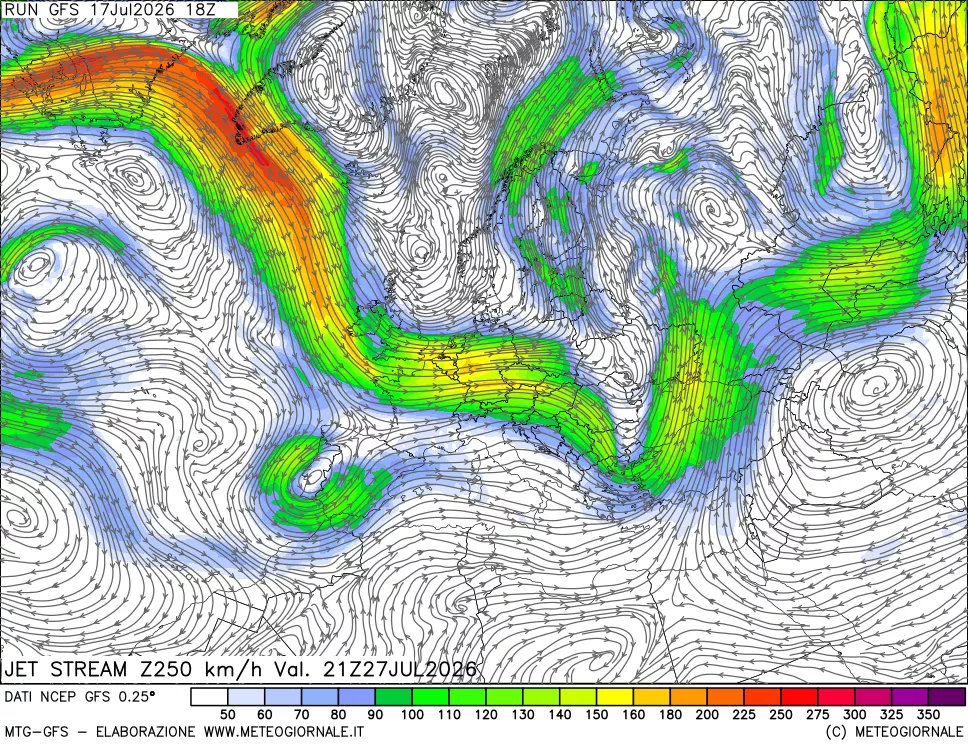 mappa 250 hPa Jet stream
