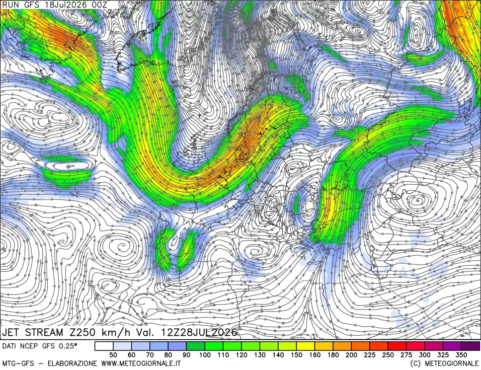 mappa 250 hPa Jet stream