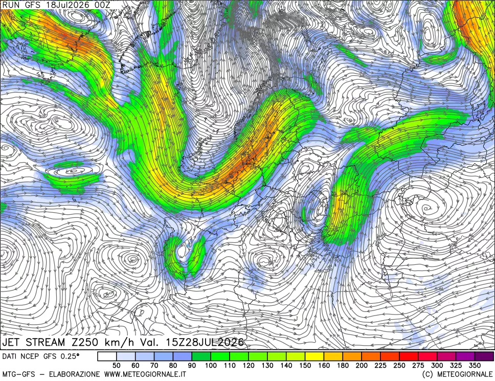 mappa 250 hPa Jet stream