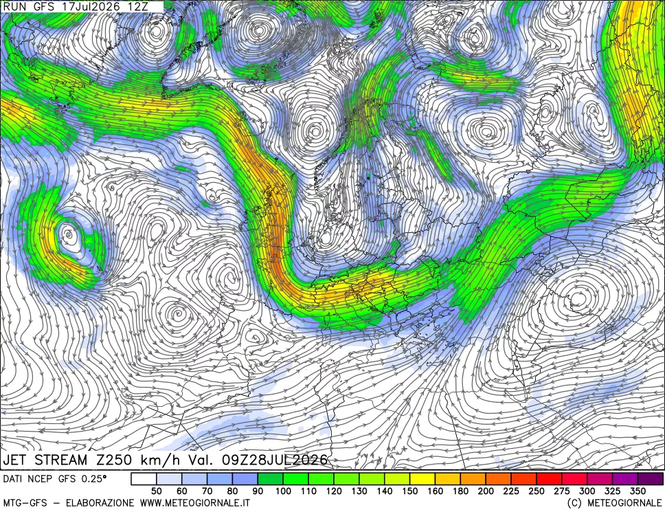mappa 250 hPa Jet stream