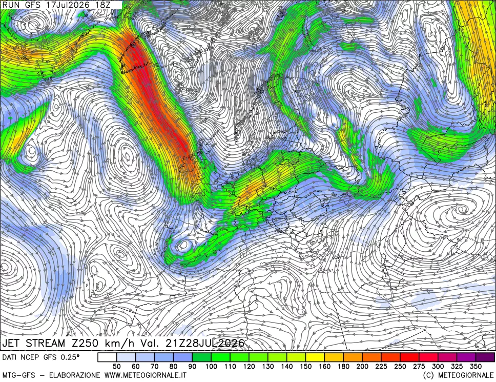 mappa 250 hPa Jet stream