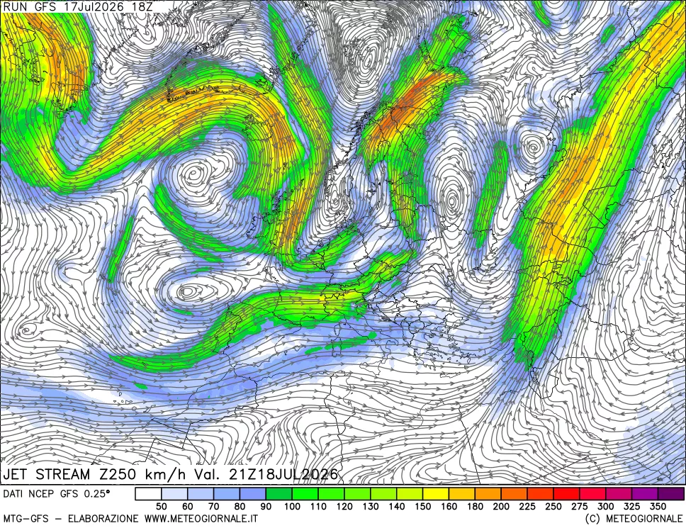mappa 250 hPa Jet stream