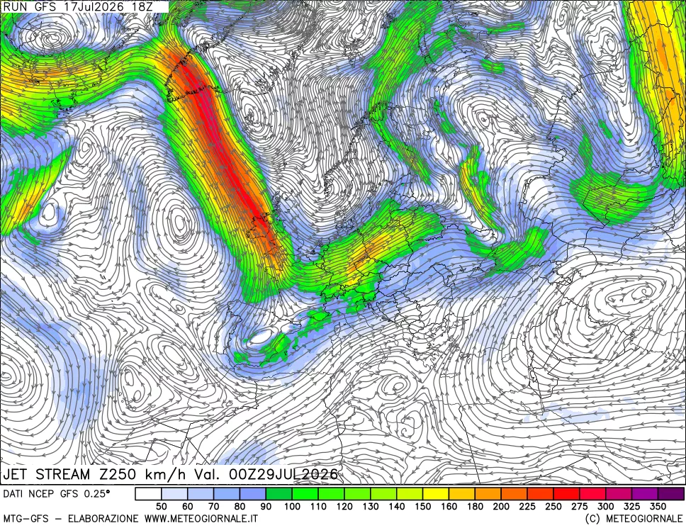 mappa 250 hPa Jet stream