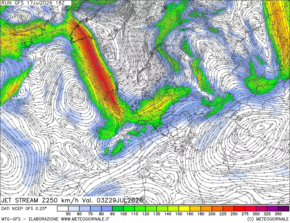 mappa 250 hPa Jet stream