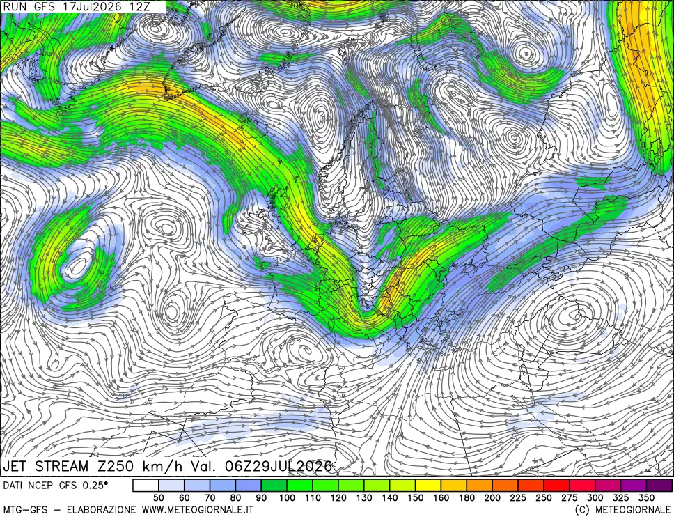 mappa 250 hPa Jet stream