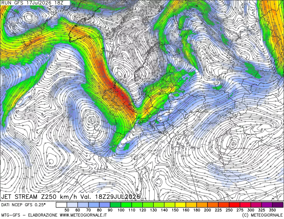 mappa 250 hPa Jet stream