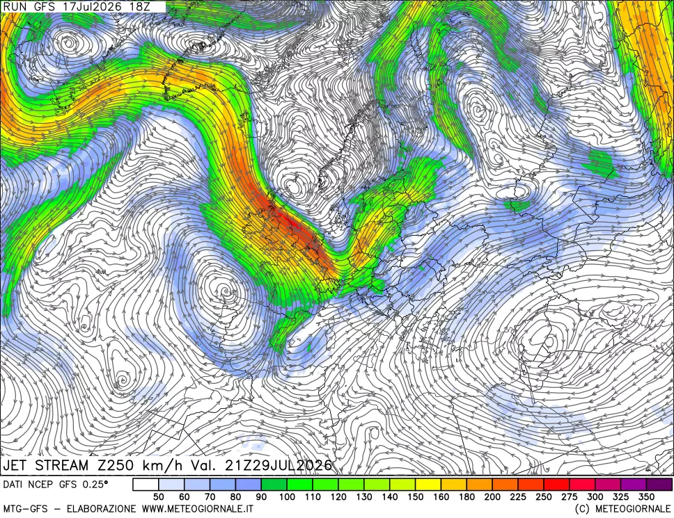 mappa 250 hPa Jet stream