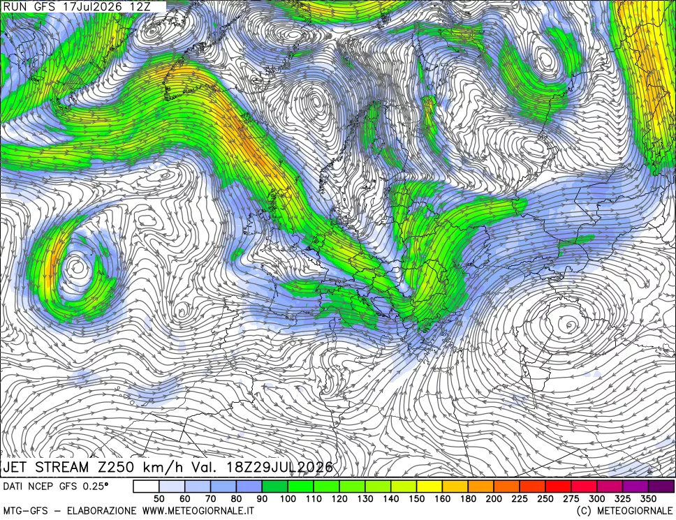 mappa 250 hPa Jet stream