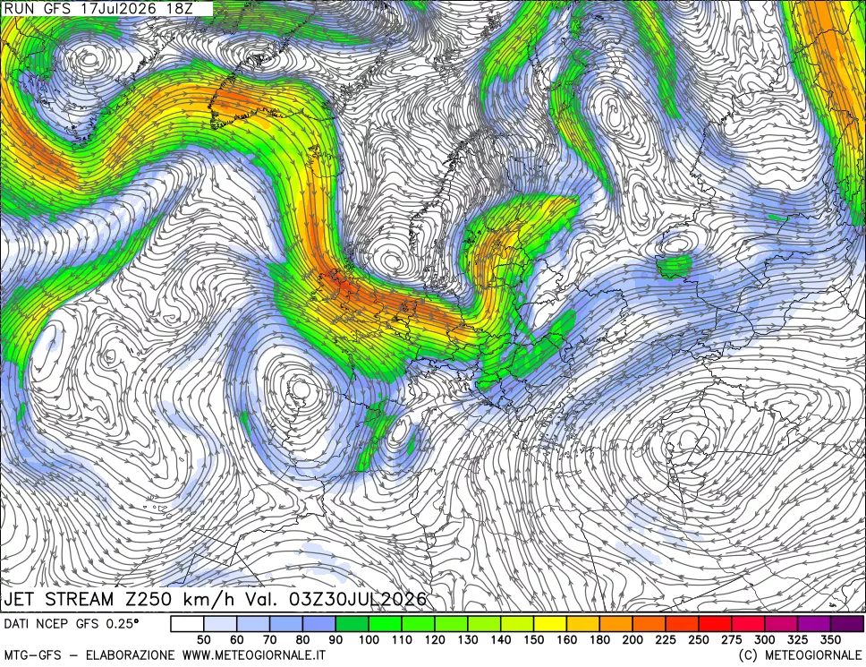 mappa 250 hPa Jet stream