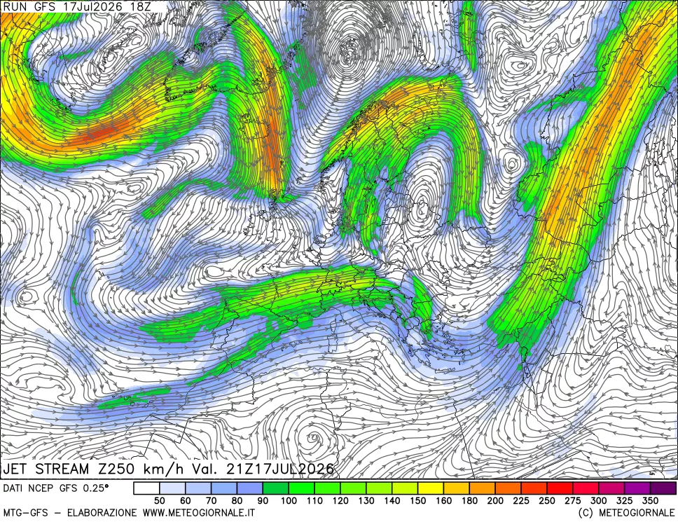mappa 250 hPa Jet stream
