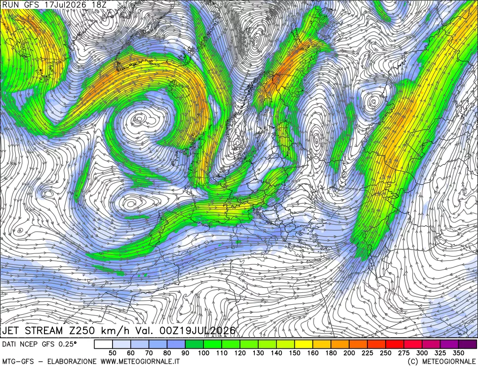 mappa 250 hPa Jet stream