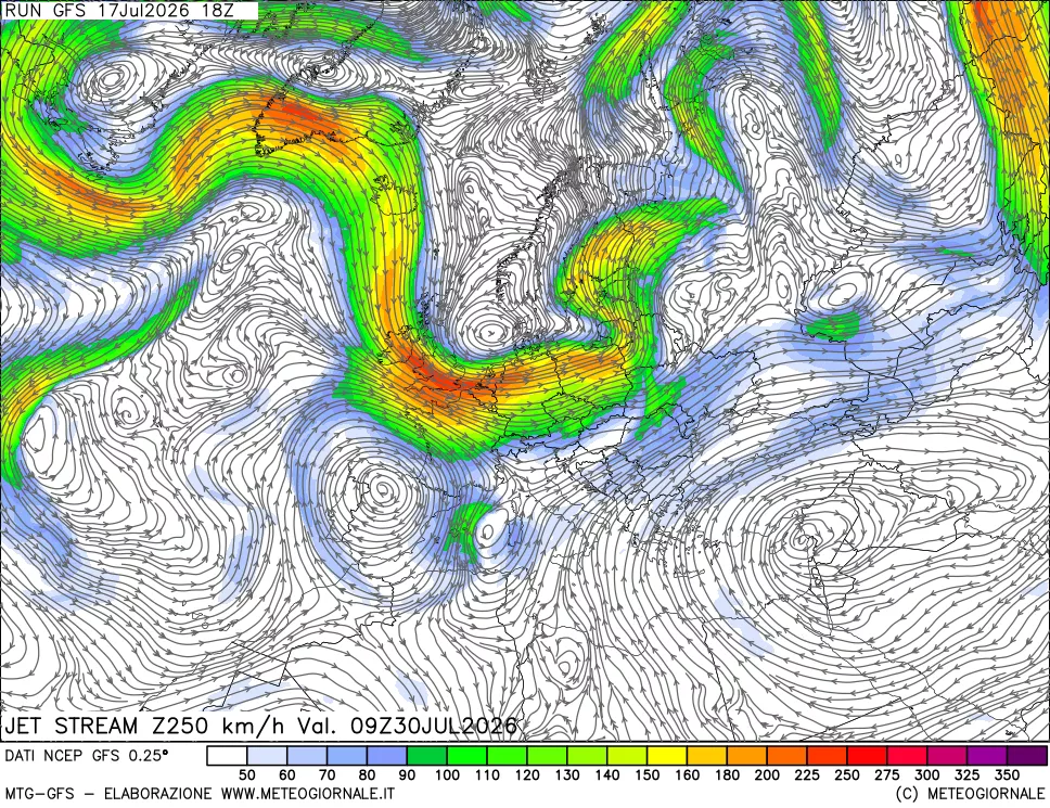 mappa 250 hPa Jet stream