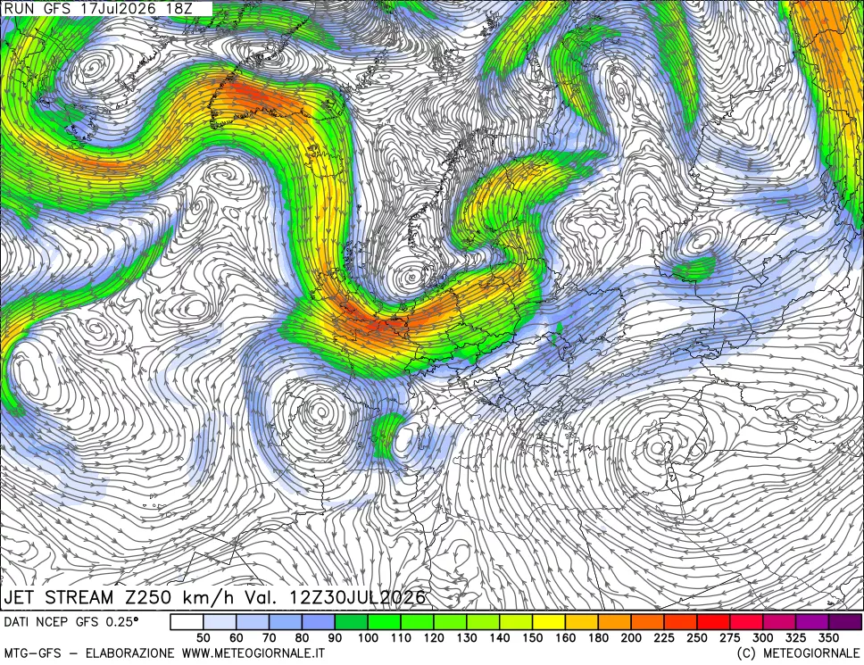 mappa 250 hPa Jet stream