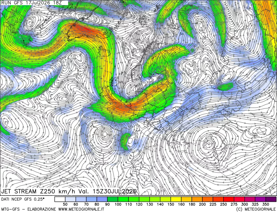 mappa 250 hPa Jet stream