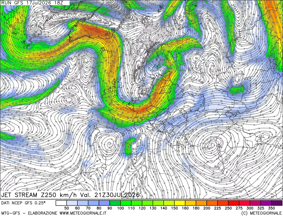 mappa 250 hPa Jet stream