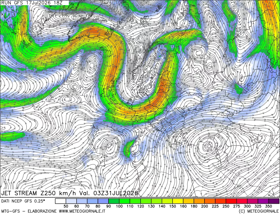 mappa 250 hPa Jet stream