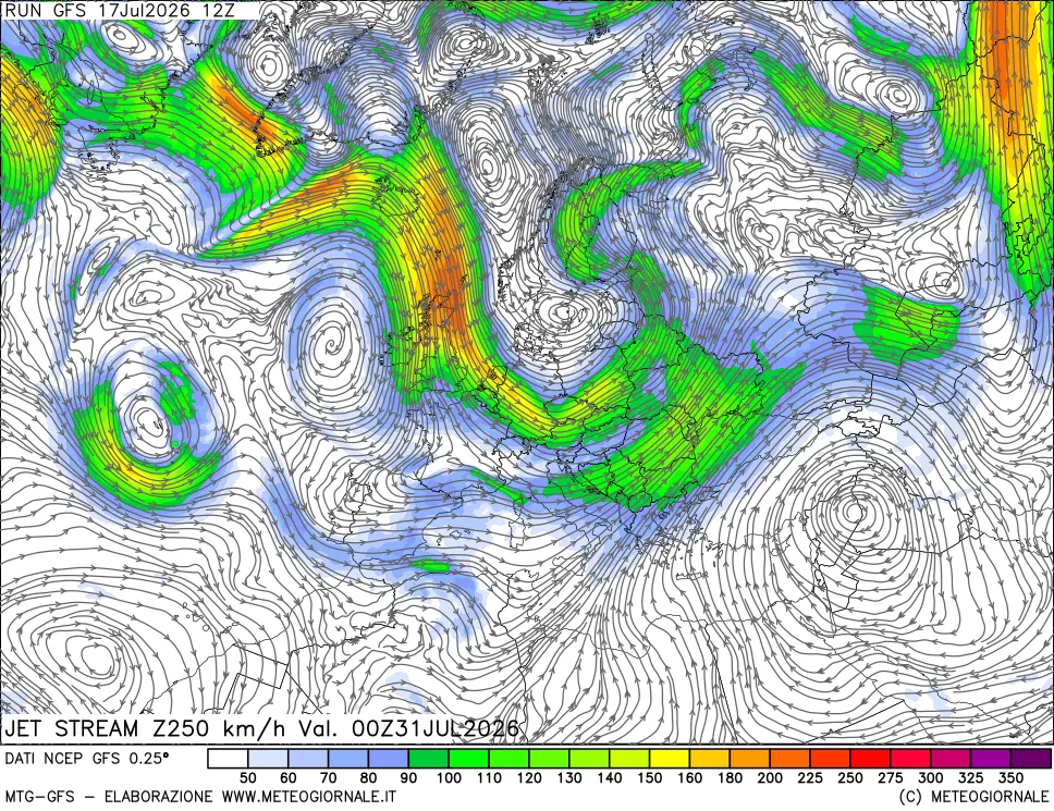 mappa 250 hPa Jet stream