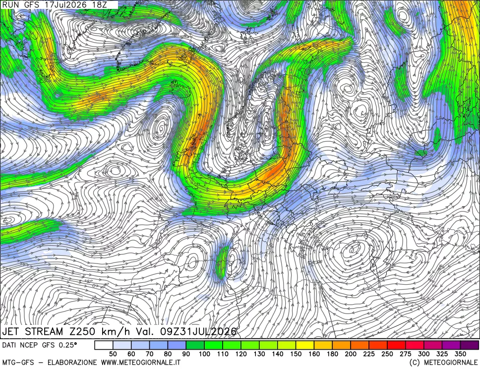 mappa 250 hPa Jet stream