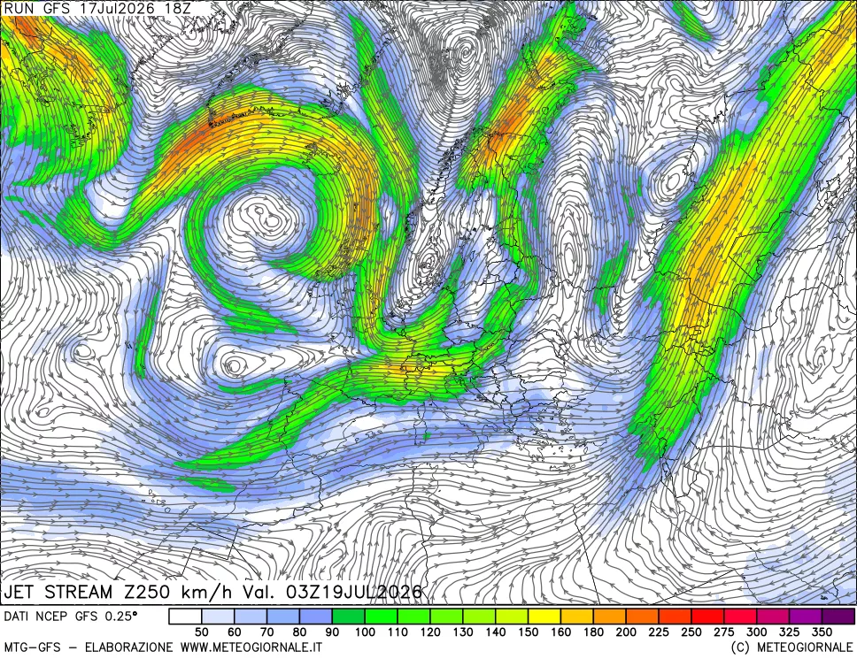 mappa 250 hPa Jet stream