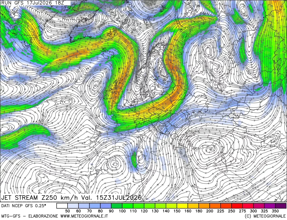 mappa 250 hPa Jet stream