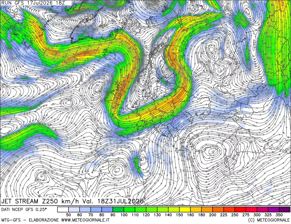 mappa 250 hPa Jet stream