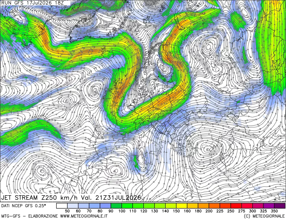 mappa 250 hPa Jet stream