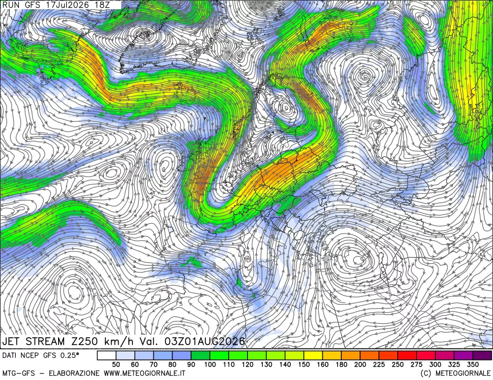 mappa 250 hPa Jet stream