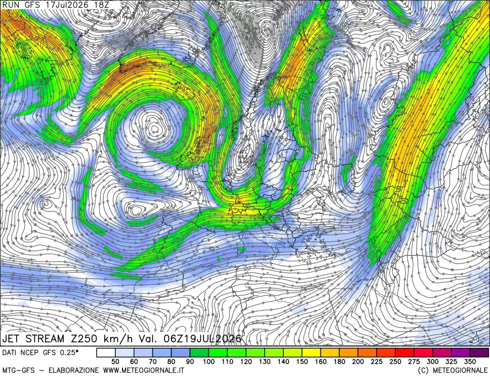 mappa 250 hPa Jet stream
