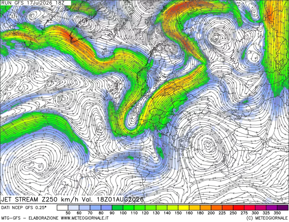 mappa 250 hPa Jet stream