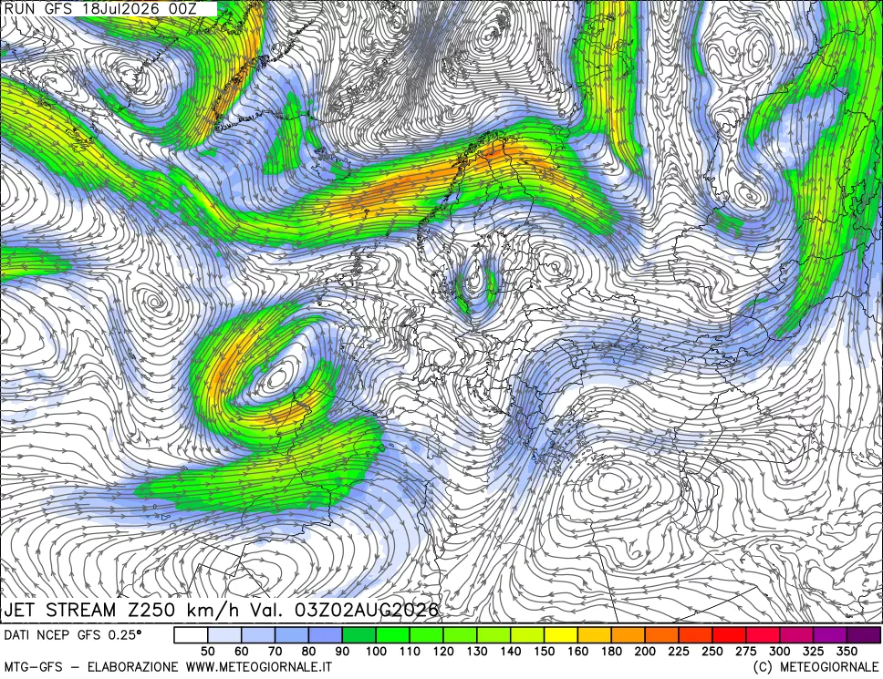 mappa 250 hPa Jet stream