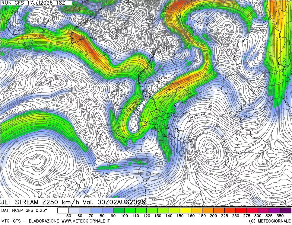 mappa 250 hPa Jet stream