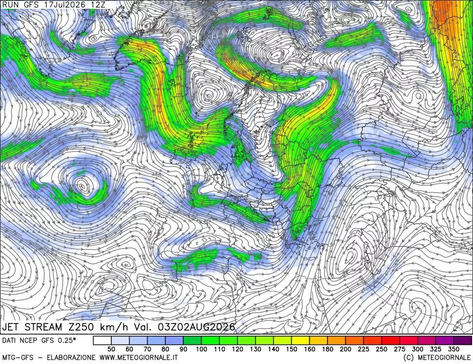 mappa 250 hPa Jet stream