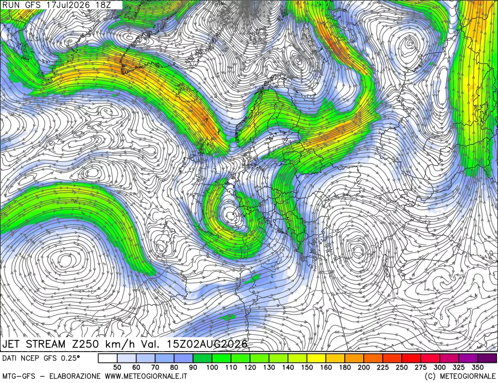 mappa 250 hPa Jet stream